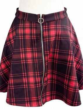 Hot Topic Red Black Plaid Skater Skirt XL Punk Goth Zip Front